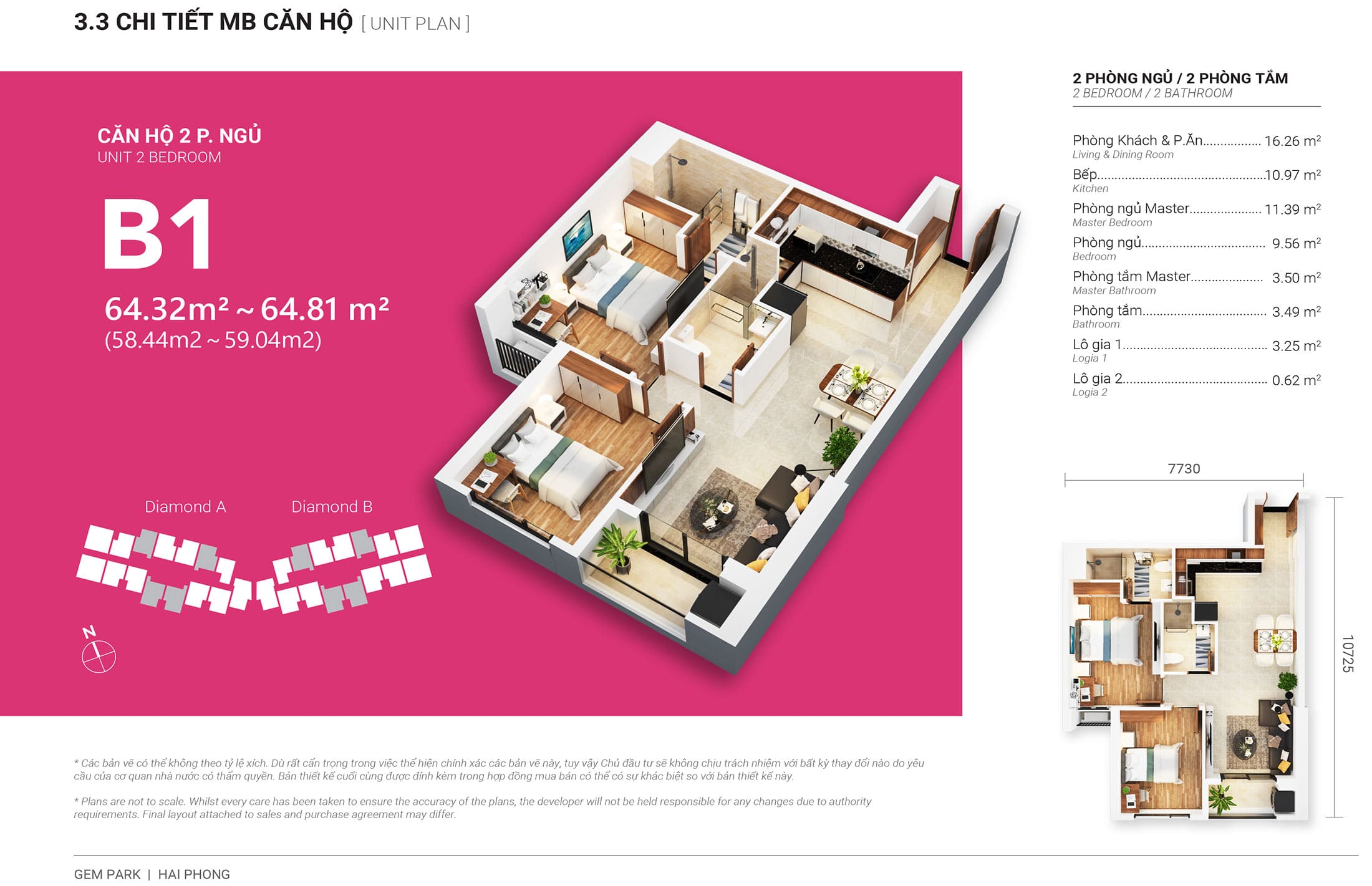 Layout thiết kế căn hộ 2 phòng ngủ 64m2 , loại B1, tòa Diamond A dự án Gem Park Hải Phòng.
