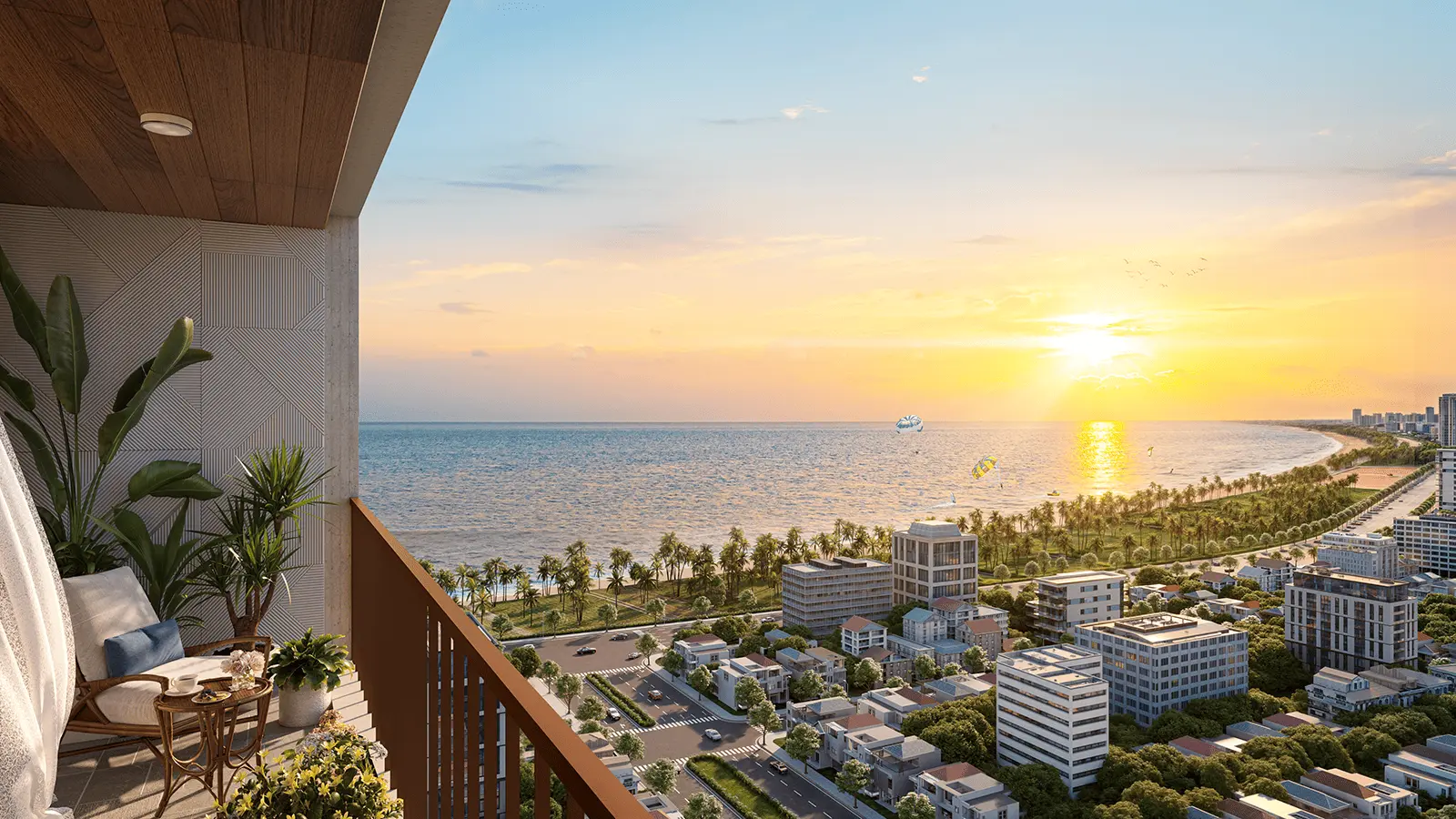 Ban công Sun Costa Residences Đà Nẵng với view biển Mỹ Khê tuyệt đẹp, lý tưởng ngắm bình minh.