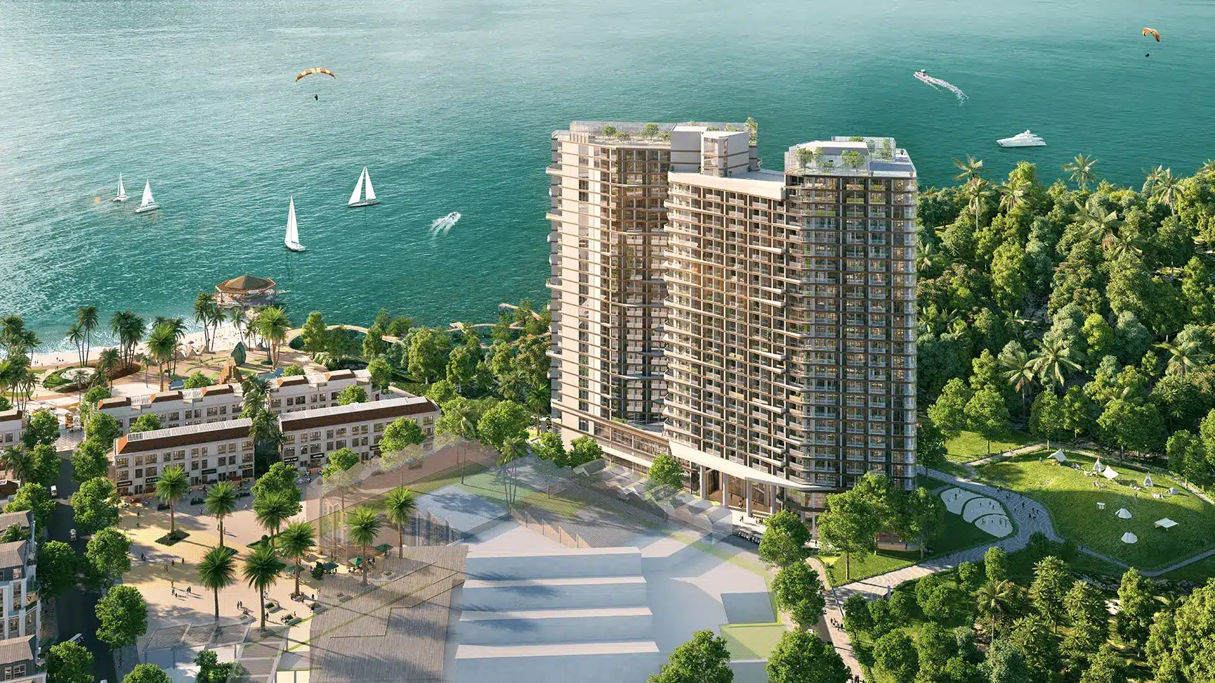 Dự án Xanh Island Cát Bà với kiến trúc độc đáo, bãi tắm nhân tạo và nhiều tiện ích công cộng xanh.
