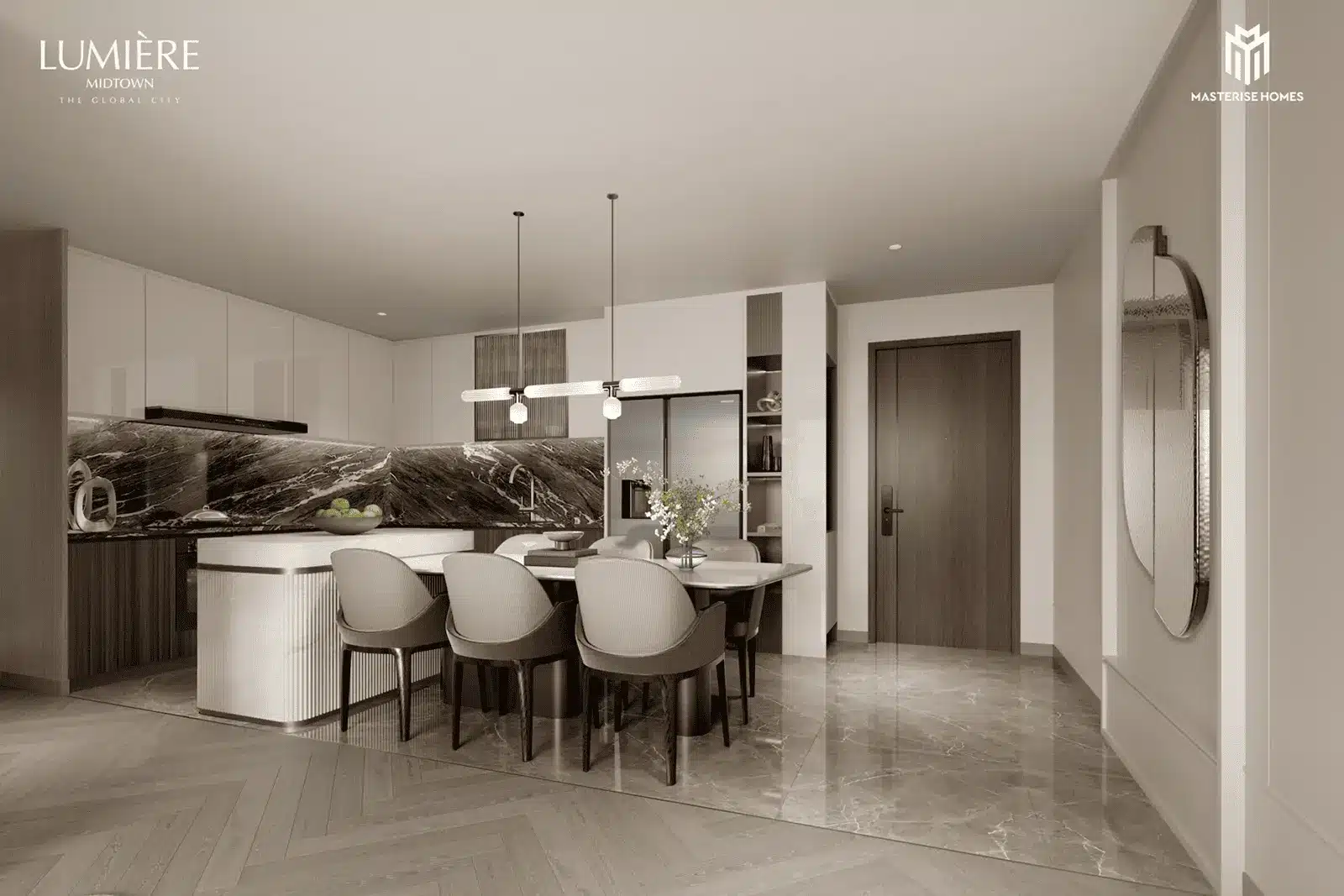 Không gian bếp sang trọng và tinh tế tại LUMIÈRE Midtown, mang đến trải nghiệm sống đẳng cấp và tiện nghi.