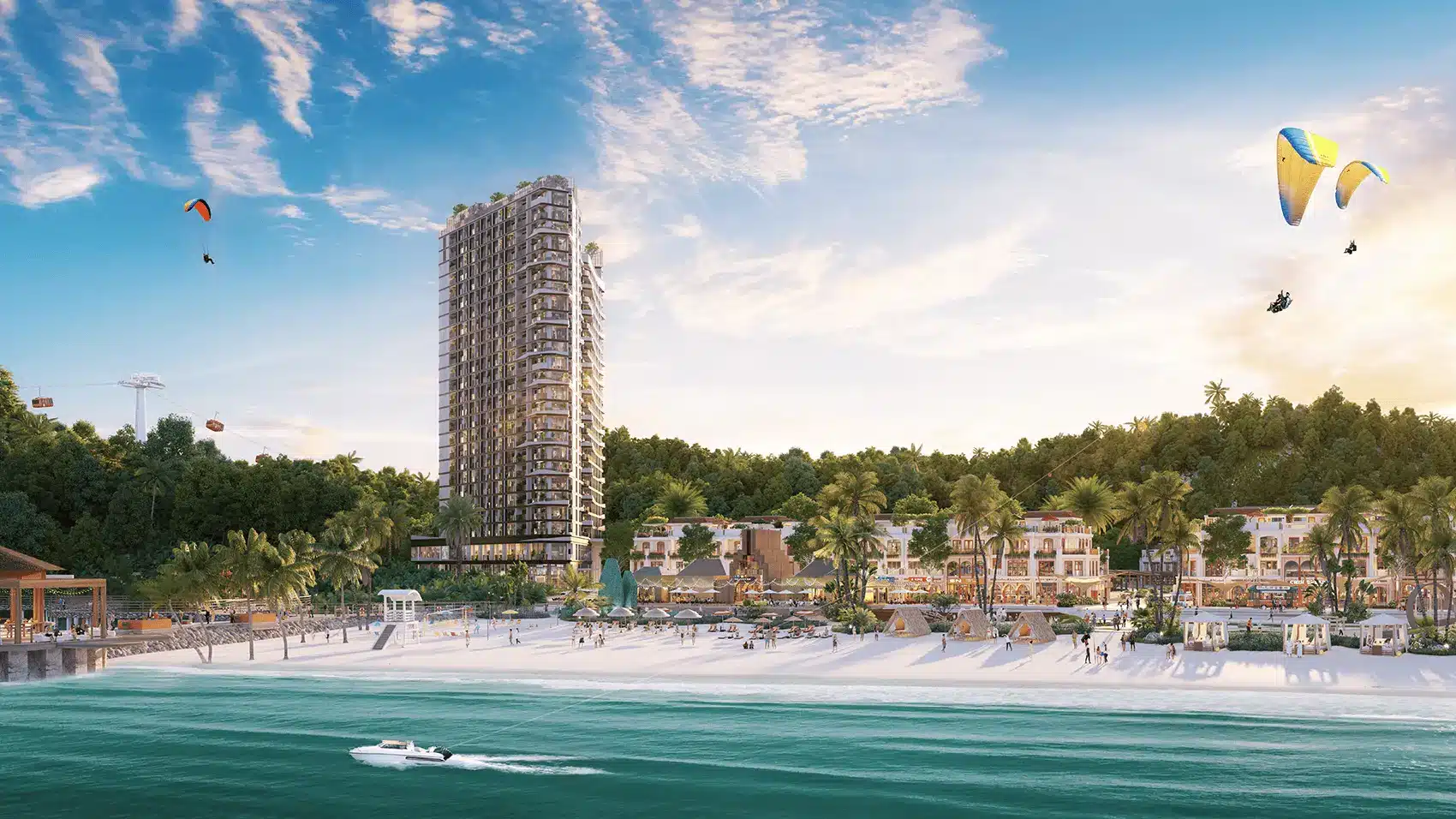 Toàn cảnh dự án Xanh Island Cát Bà với bãi biển nhân tạo và khu thương mại sôi động.