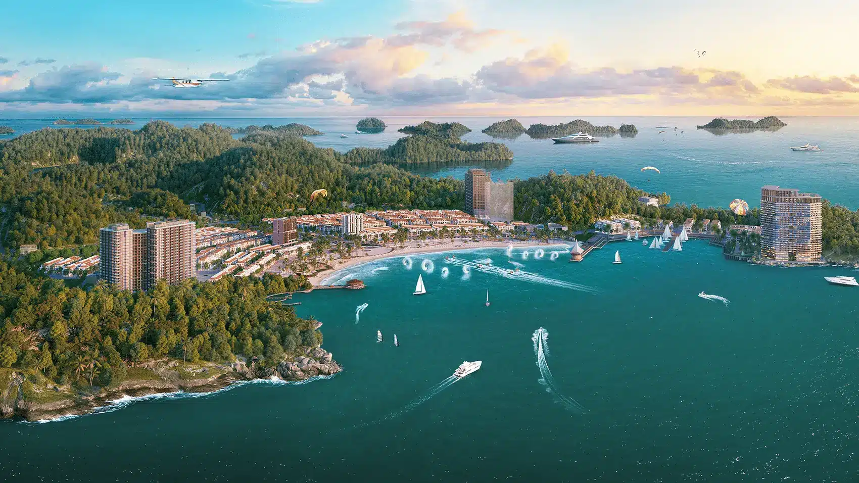 Toàn cảnh dự án Xanh Island Cát Bà với bãi tắm nhân tạo và kiến trúc độc đáo bên bờ biển.