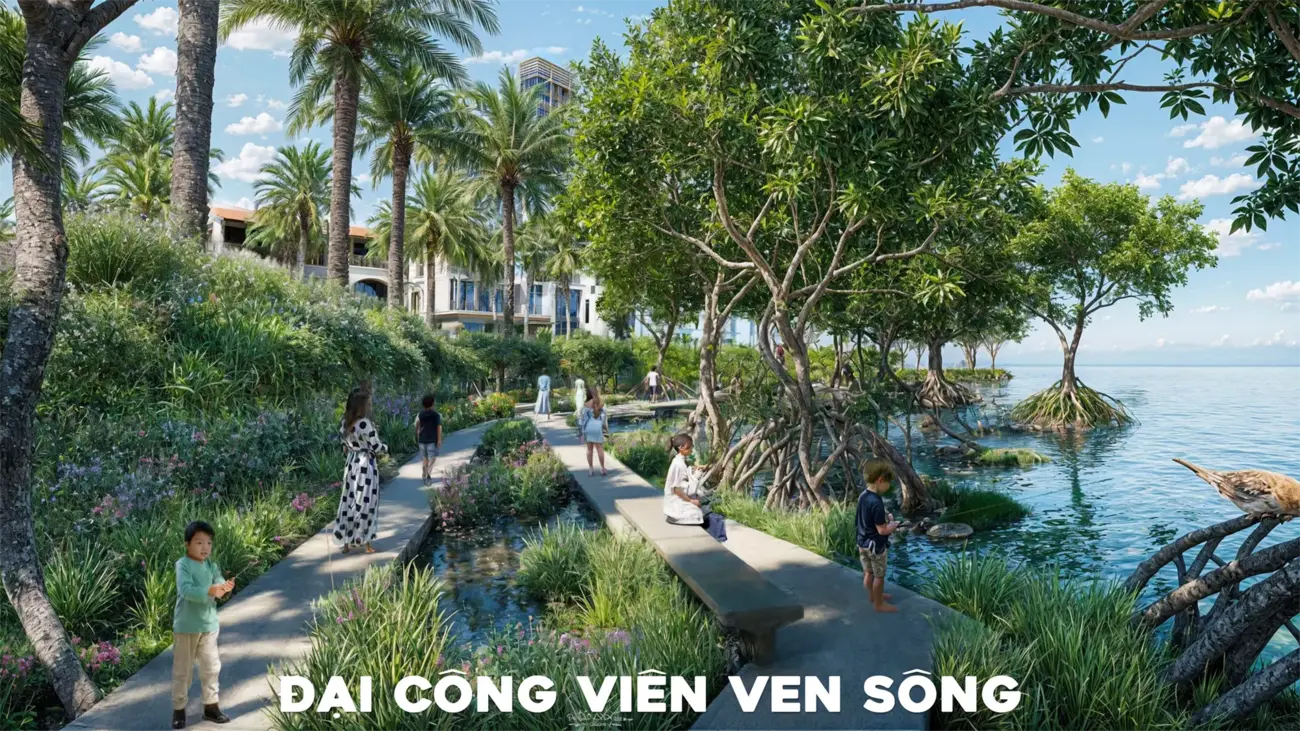 Không gian xanh tại đại công viên ven sông Charmora City, tạo cảm giác thư giãn giữa thiên nhiên.